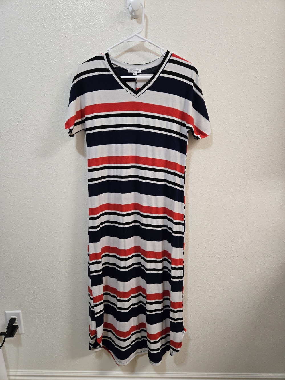 Casual V-Neck Striped Midi Dress in White, Navy & Red